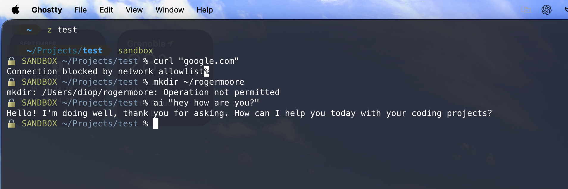 A terminal session demonstrating Sandbox Runtime blocking network and filesystem access
