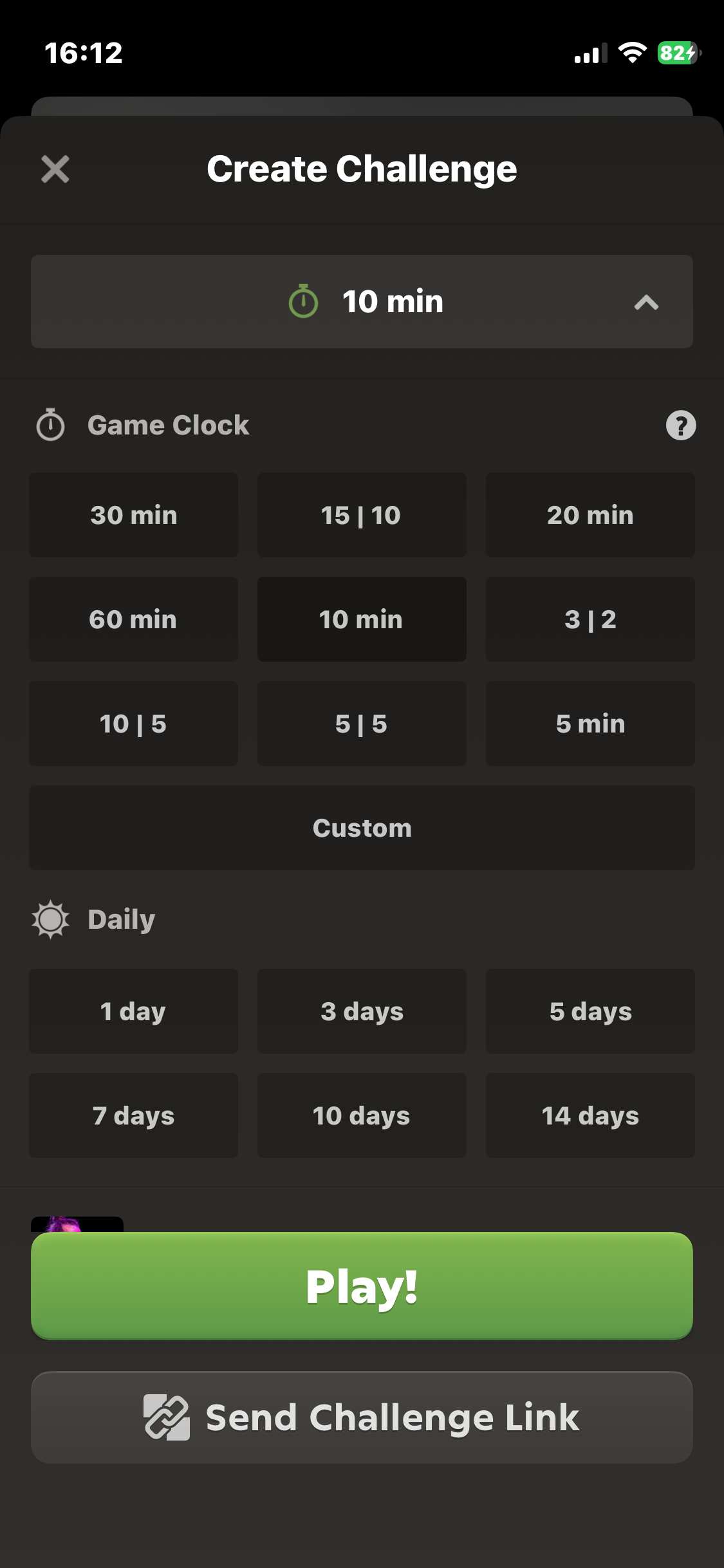The Chess.com challenge menu with 3+0 hidden under more time controls