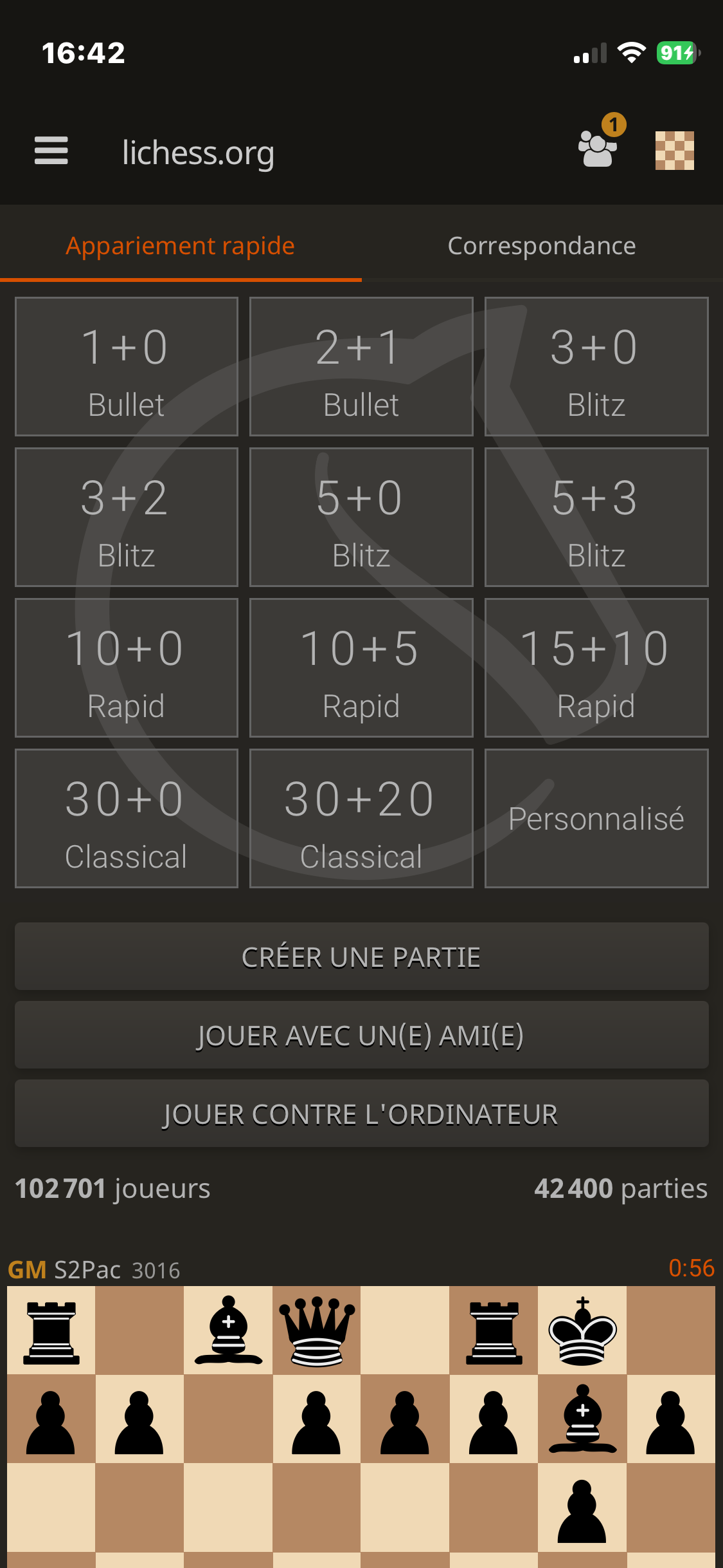 The classic Lichess mobile interface