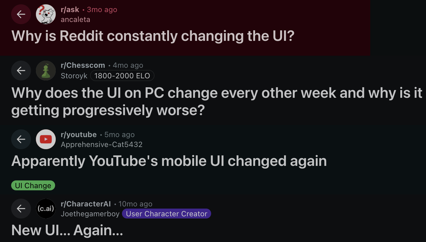 Reddit posts complaining about frequent UI changes across several popular apps